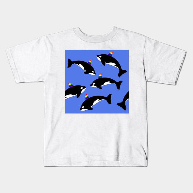 Gay pride rainbow orca killer whale. Seamless pattern on blue water background. Kids T-Shirt by Nalidsa